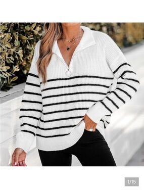 White & Black Striped Half-Zip Knit Sweater